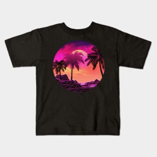 Pink vaporwave landscape with rocks and palms Kids T-Shirt